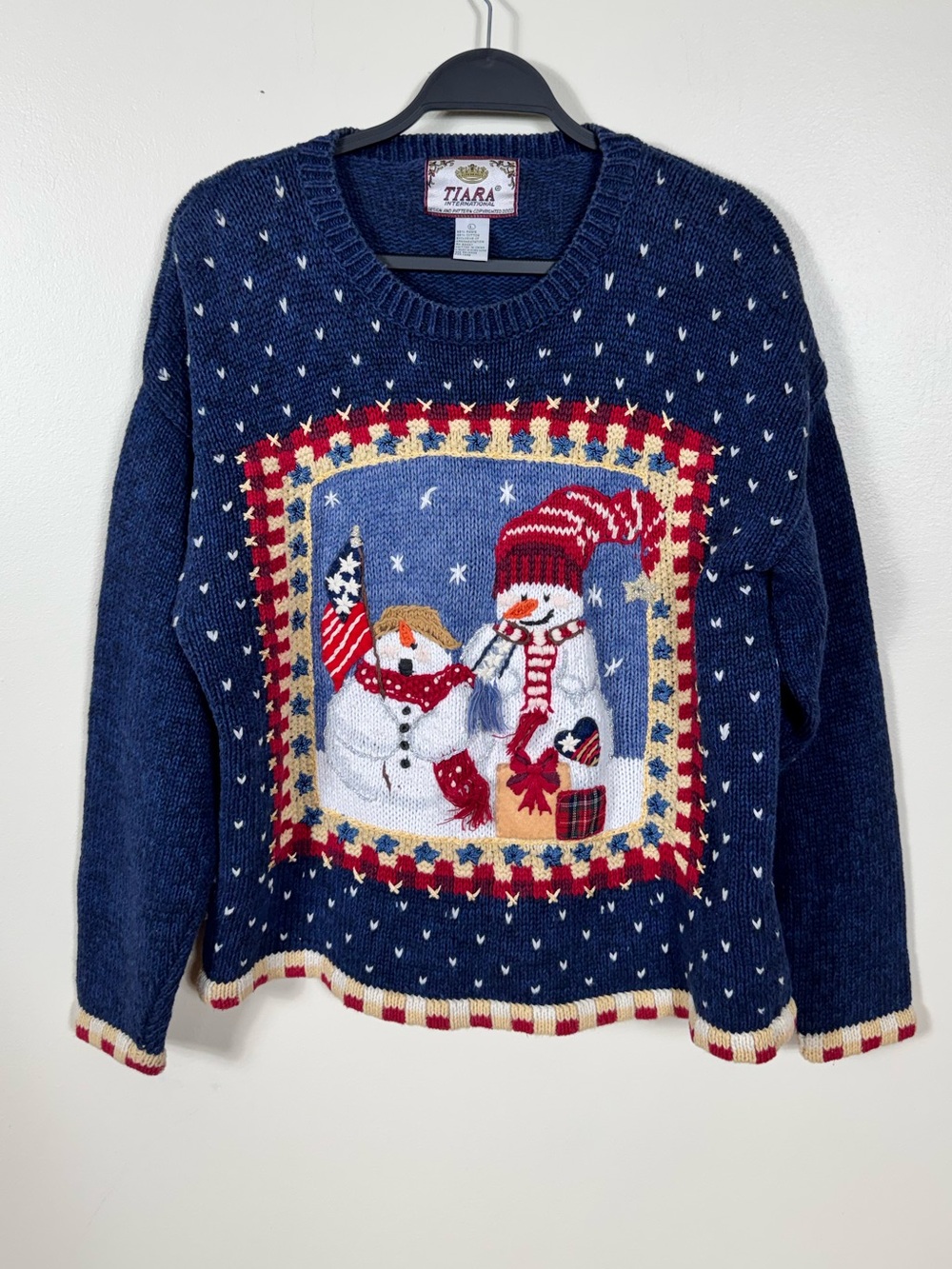 Vintage 90s Tiara Snowman Birdseye Christmas Sweater Large Embroidered Holiday